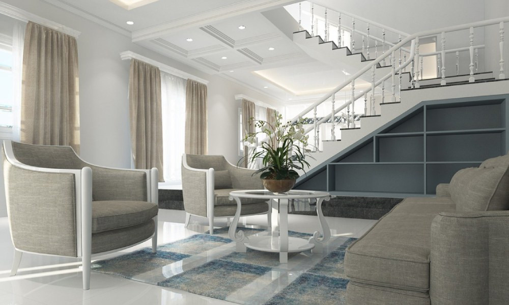 предметы интерьера в просторной комнате